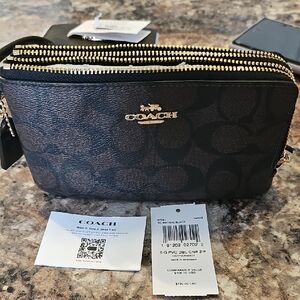 Coach Brown and Black Signature Double Zip Crossbody - Coach Tags